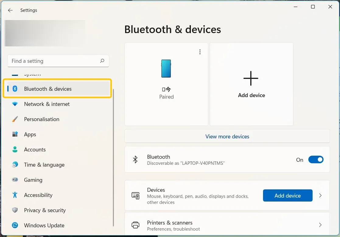 Bluetooth & other devices menu on Windows