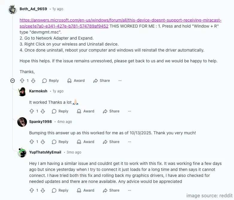 Miracast issue discussed on Reddit