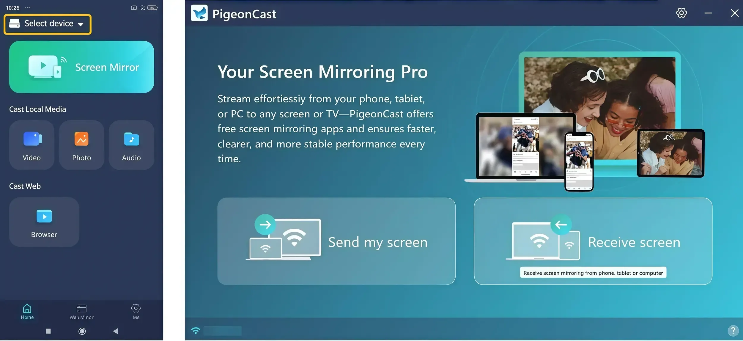 launch PigeonCast on phone and computer