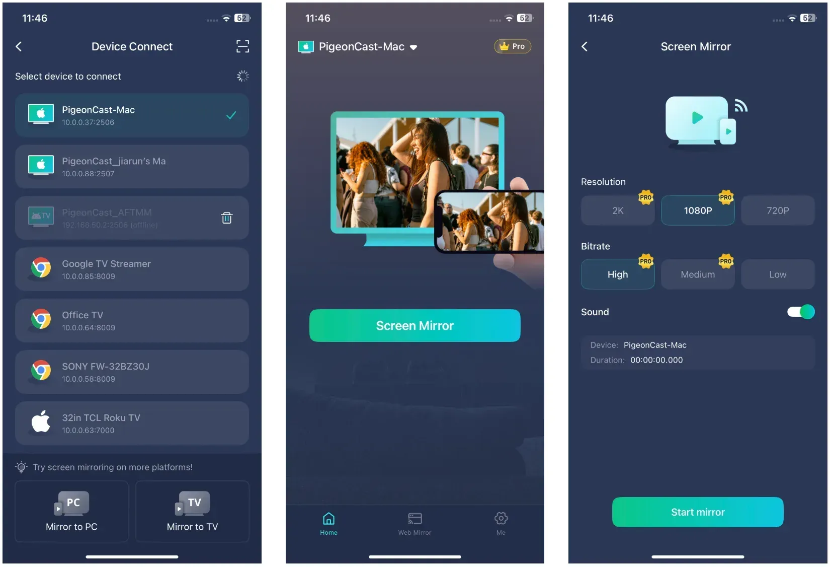 how to use PigeonCast on phone for screen mirroring