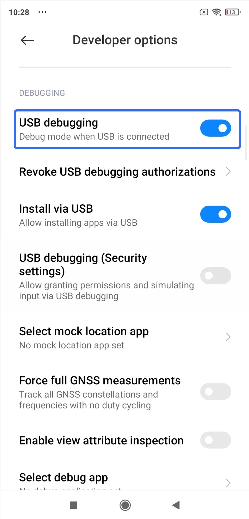 turn on USB debugging on phone