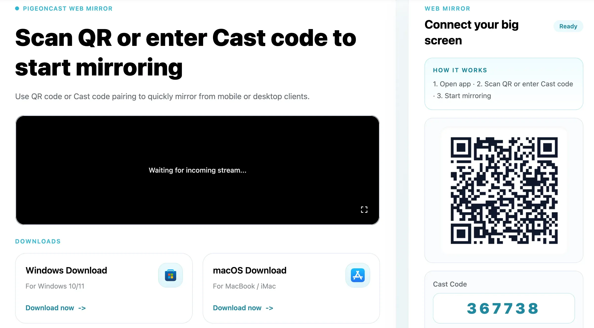 PigeonCast supports online screen mirroring