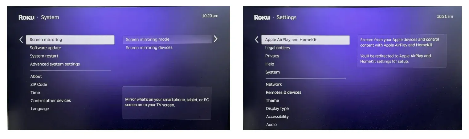 Screen mirroring and AirPlay and HomeKit settings on Roku