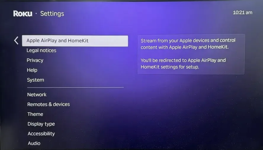 Apple AirPlay and HomeKit menu on Roku