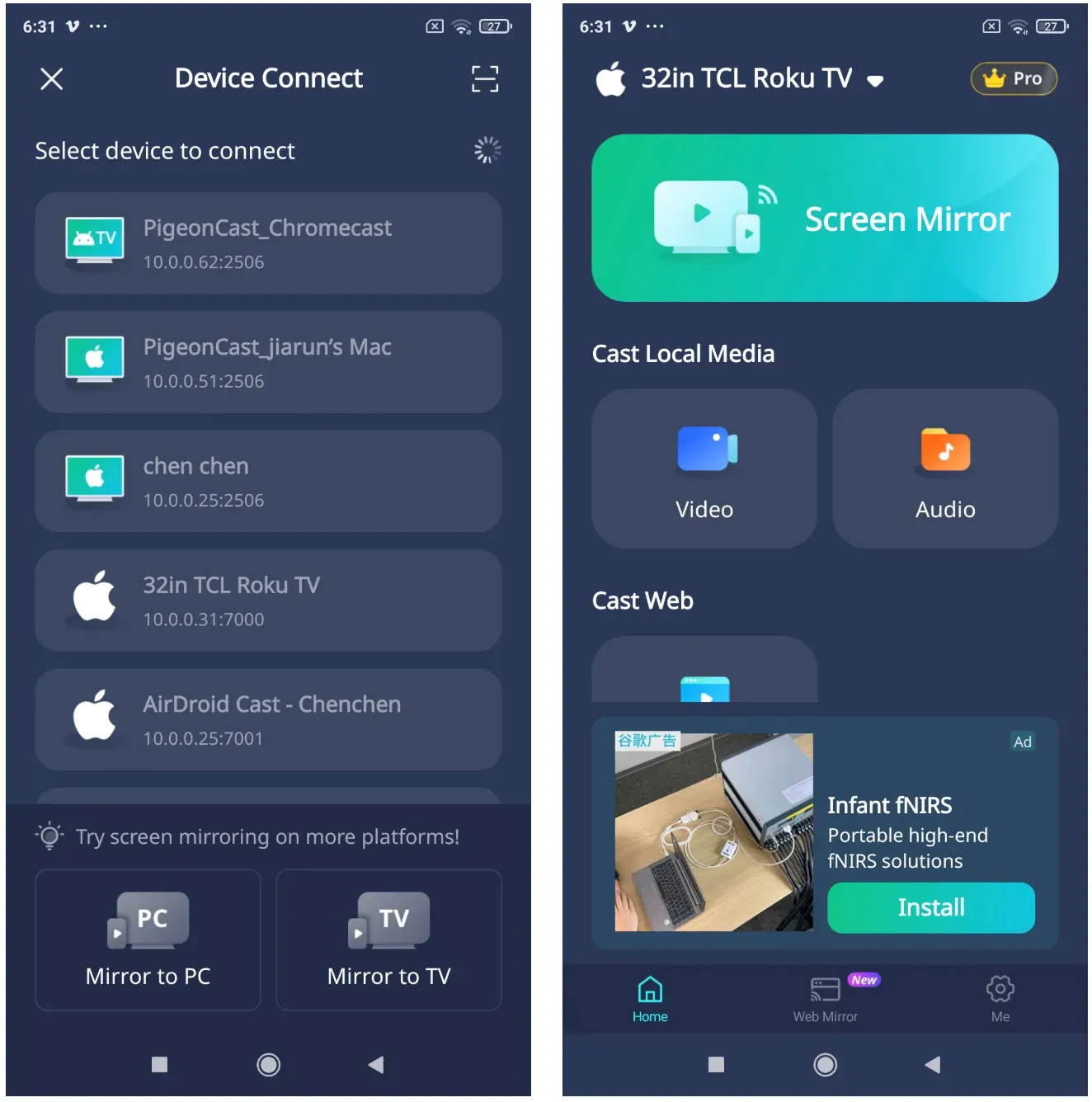 how to use PigeonCast on Android phone
