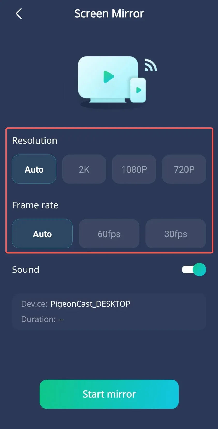 Select Screen Mirroring Parameter on Android Phone