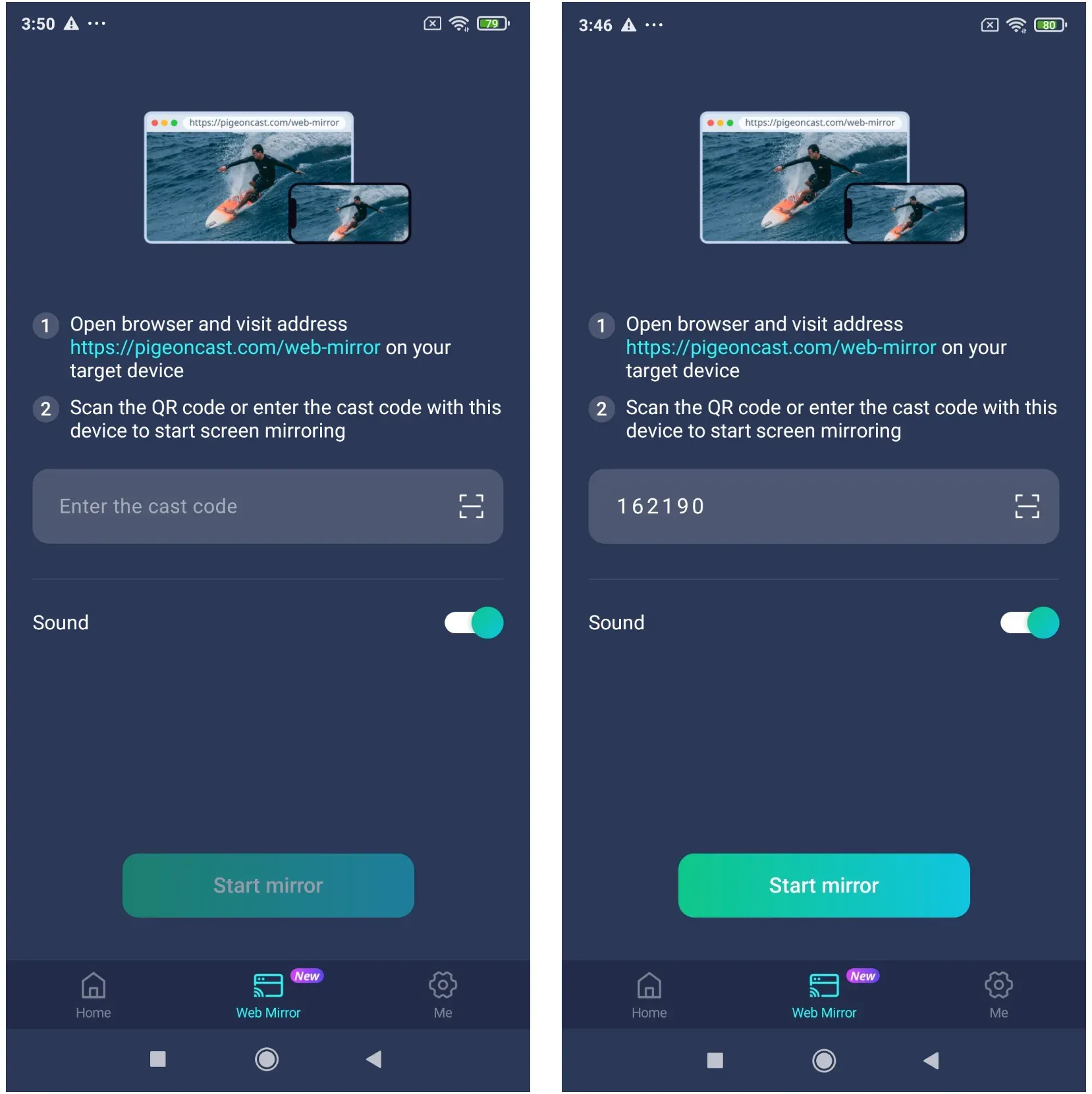 how to use Web Mirror feature inside PigeonCast app
