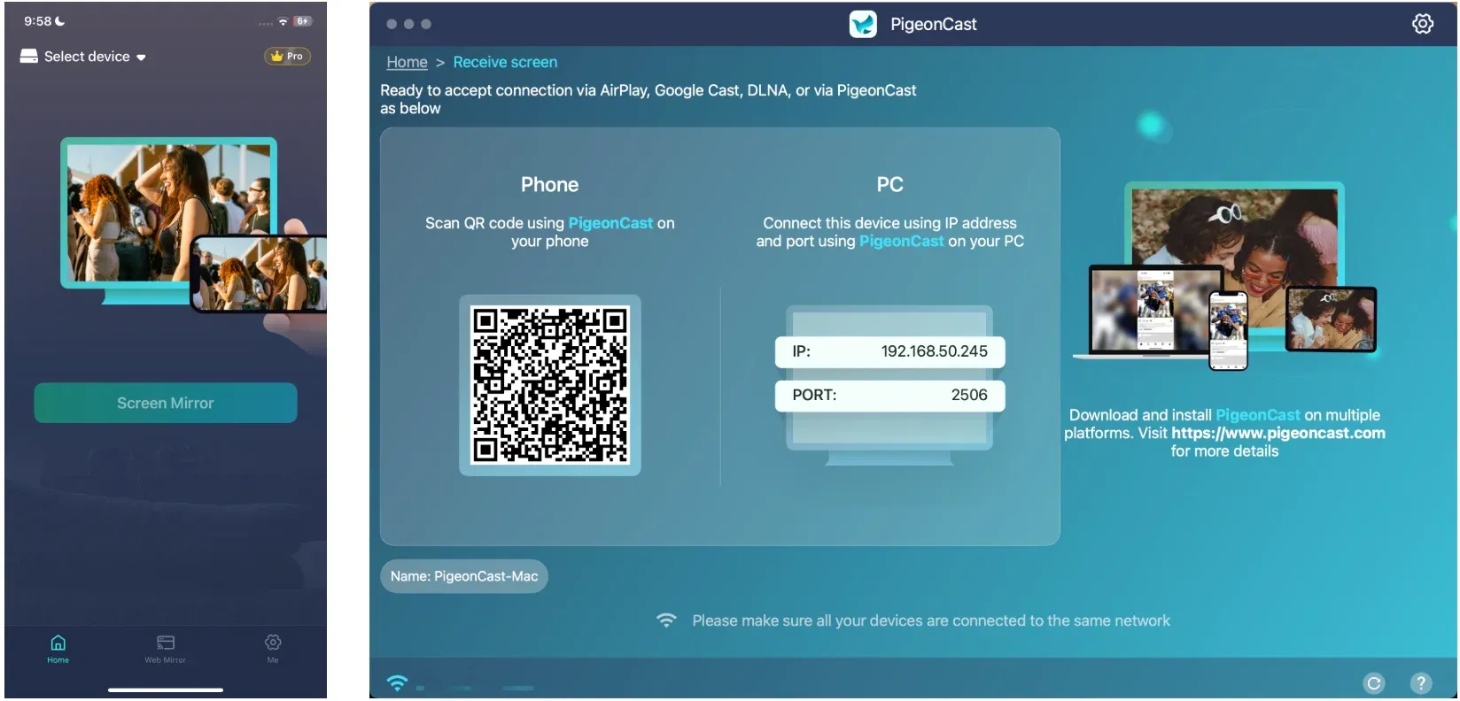 install PigeonCast on iPhone and MacBook