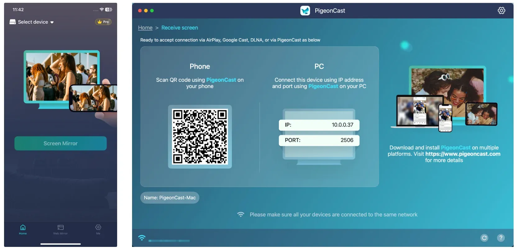 open PigeonCast on iPhone and Mac