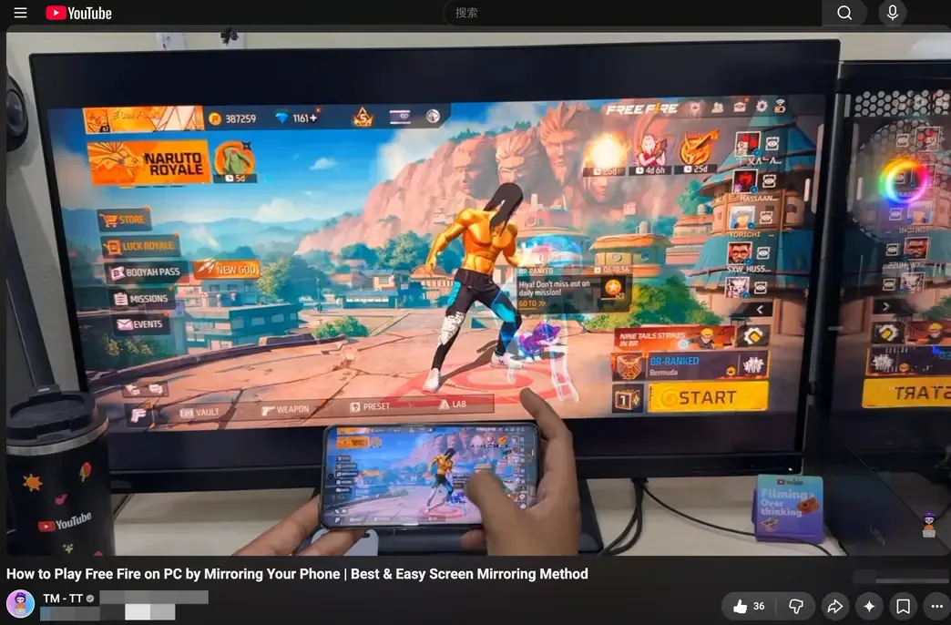 YouTube screenshot: play Free Fire from phone to PC