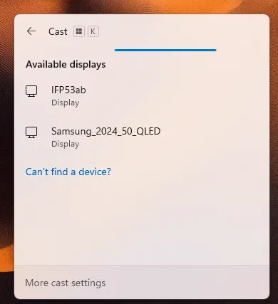 Samsung TV appears in the Windows Cast menu