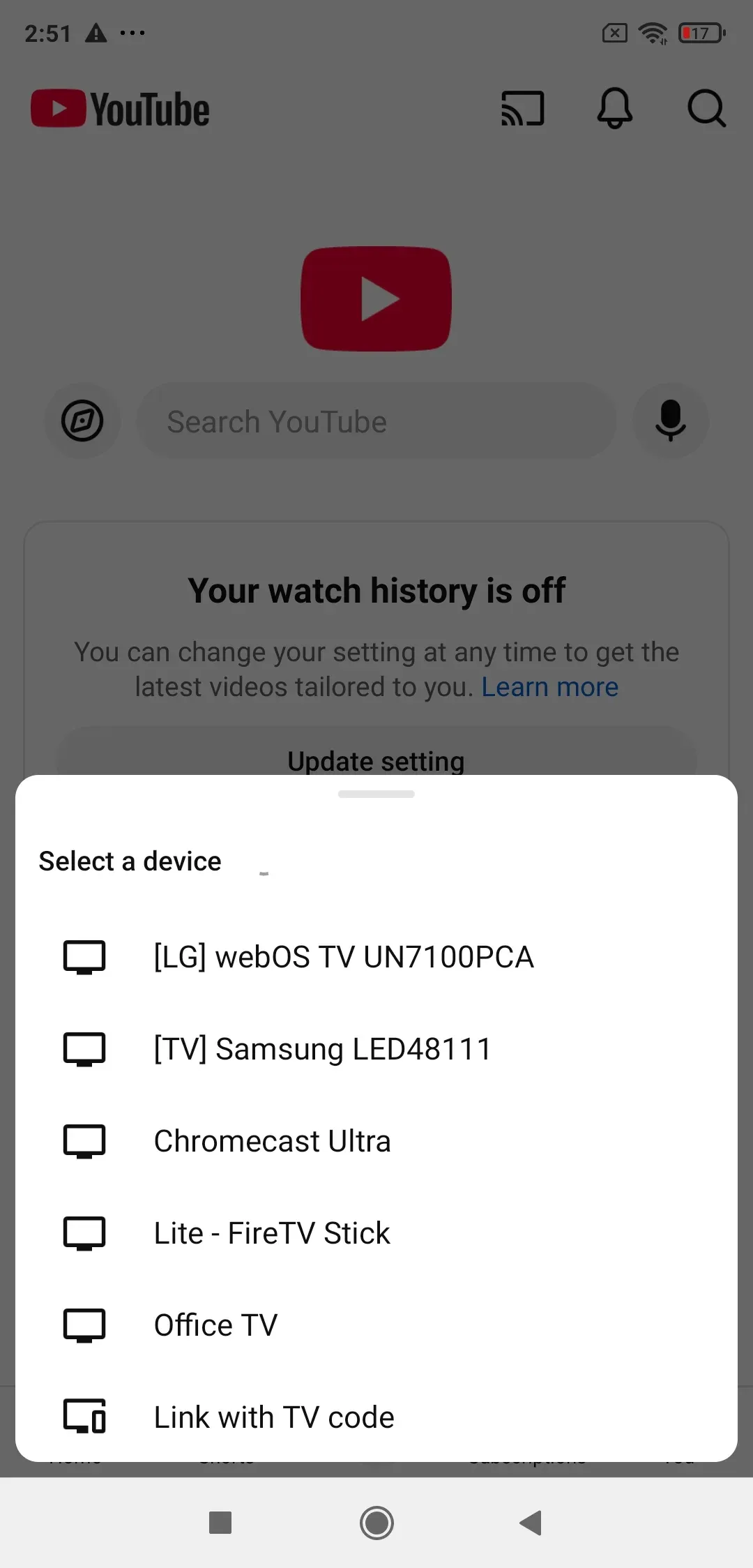 cast from YouTube app on phone
