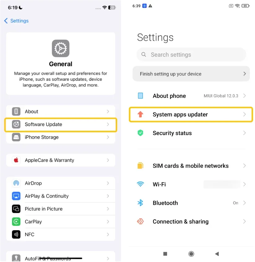 update option on iPhone and Android