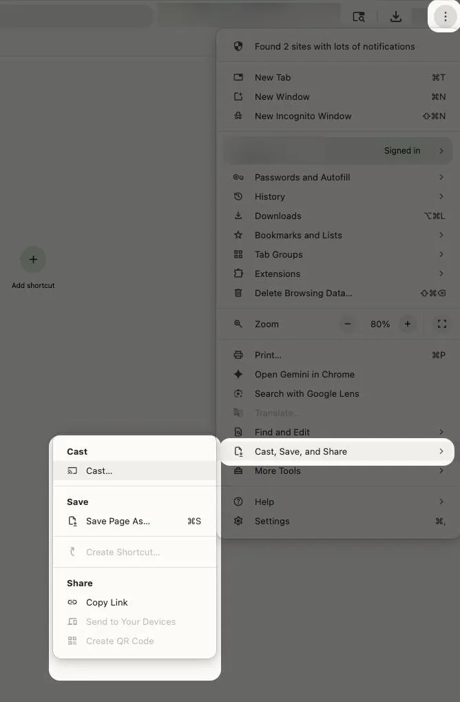 Cast option in Chrome broswer