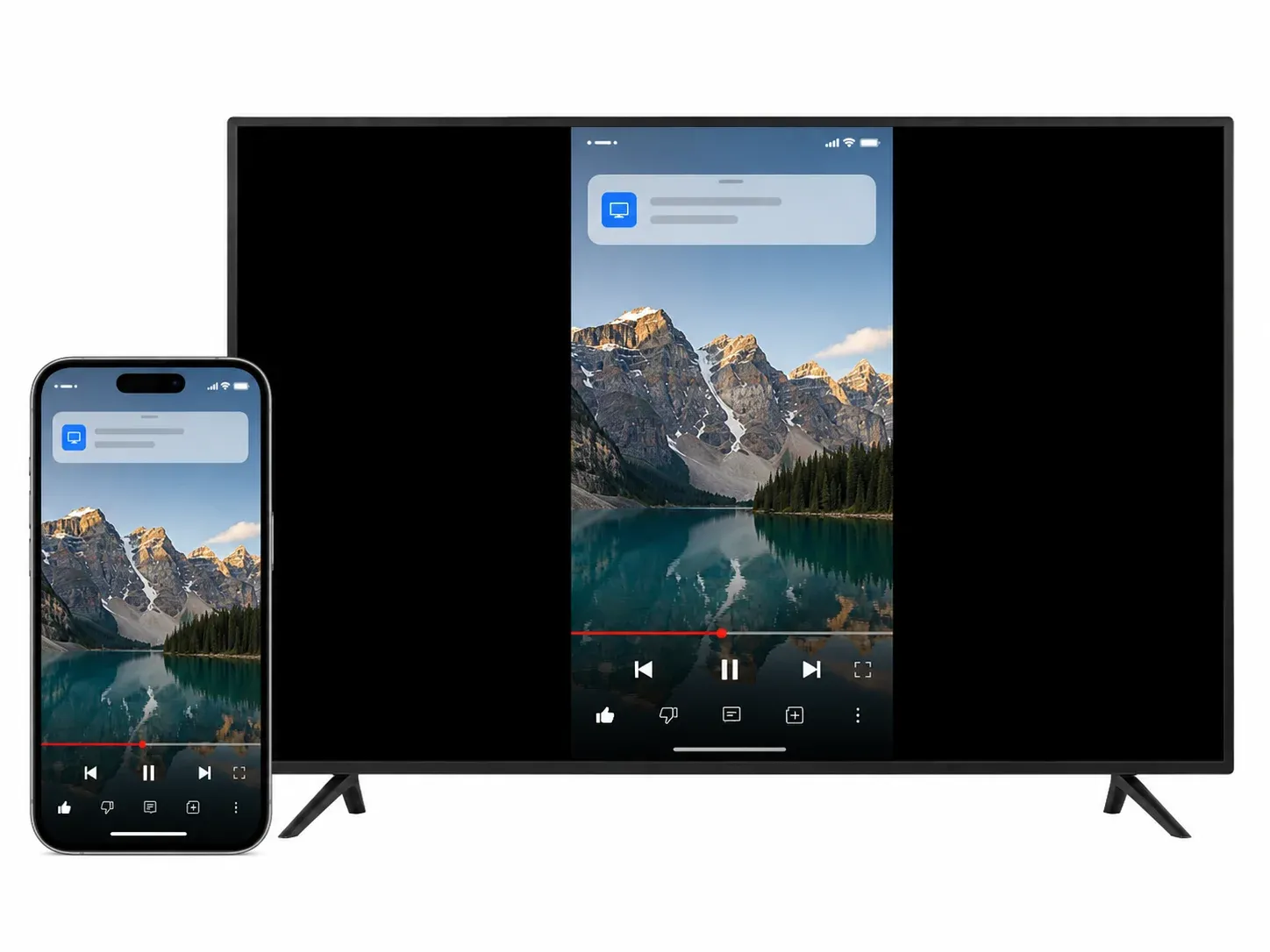 Phone screen mirroring a video and notification to a TV