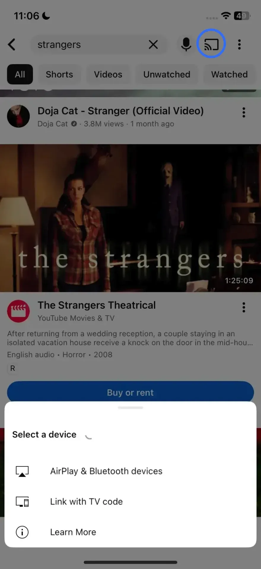 tap the YouTube's Cast button and choose the receiver