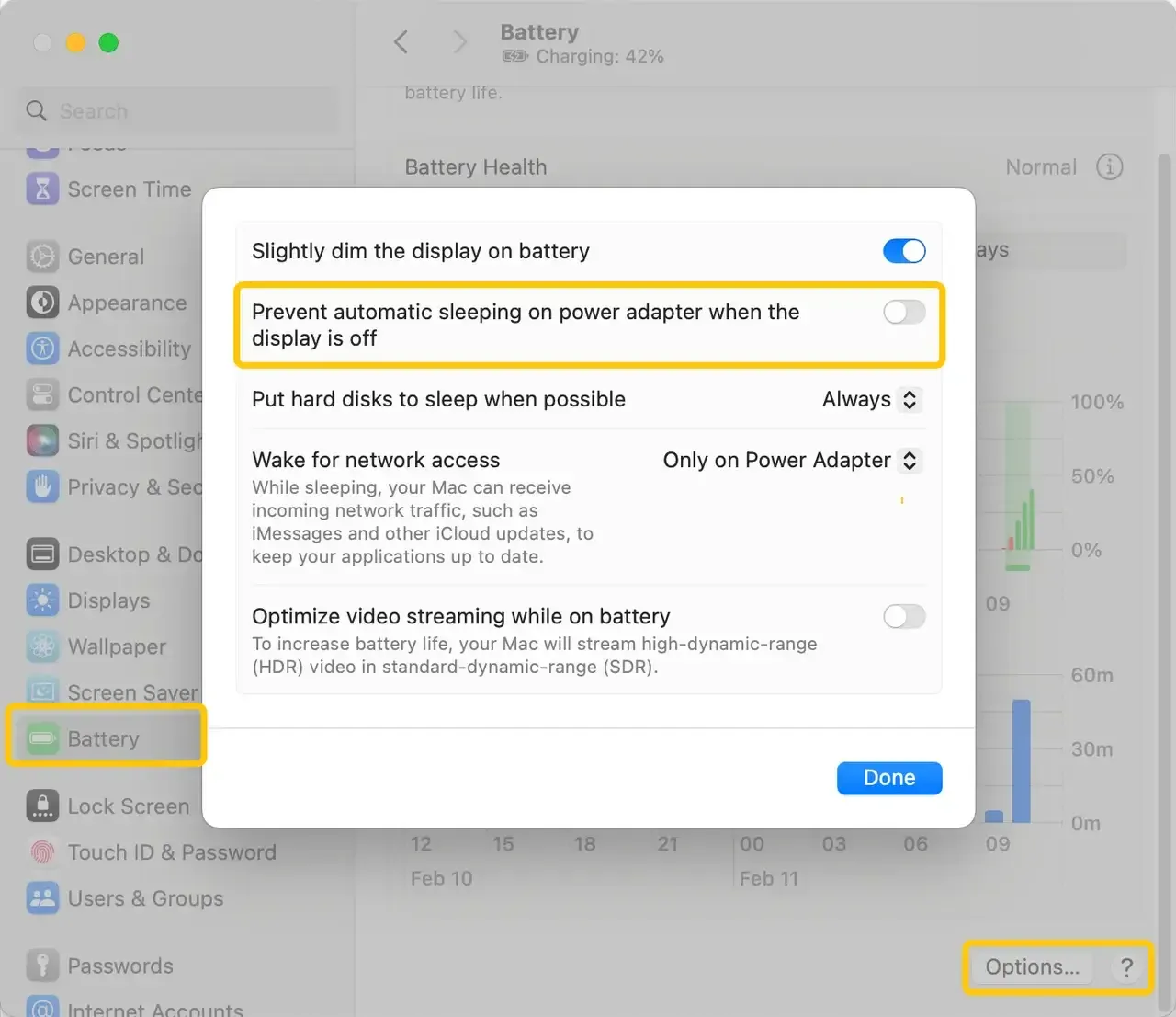 Battery settings on Mac