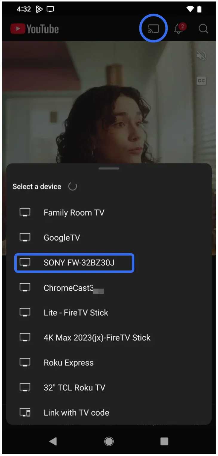 choose Sony TV from the device list on YouTube