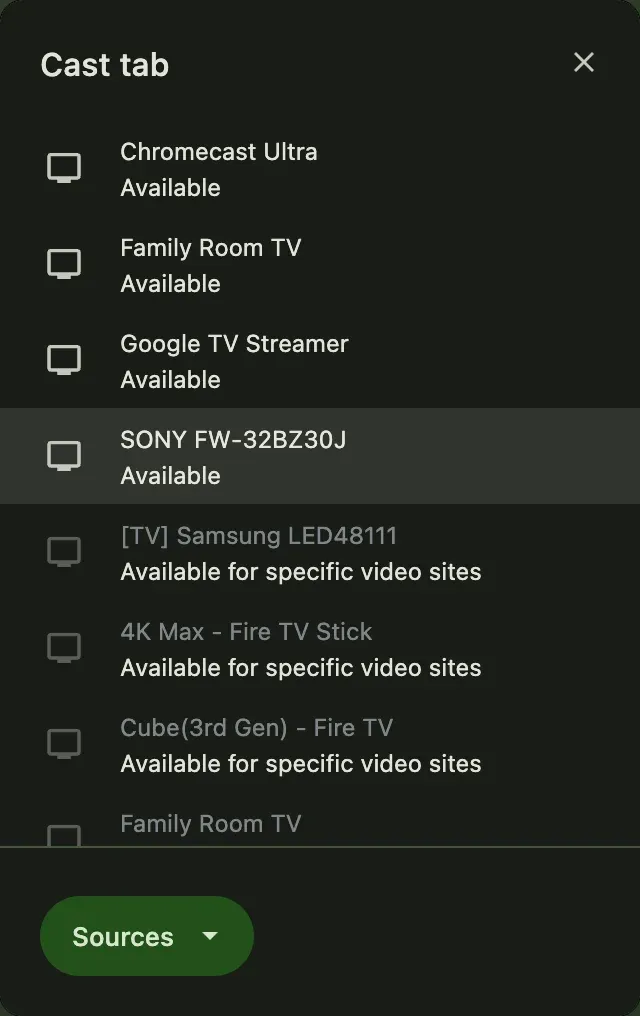 find Sony TV in Chrome's Cast menu