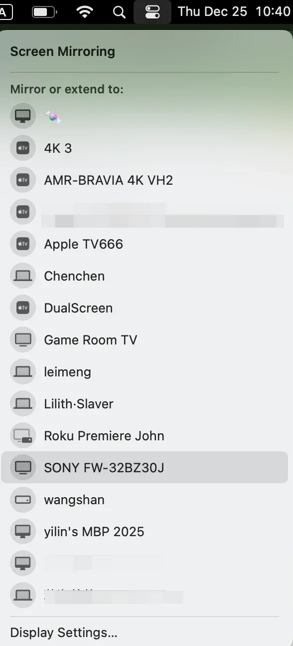 choose Sony on Mac screen mirroring
