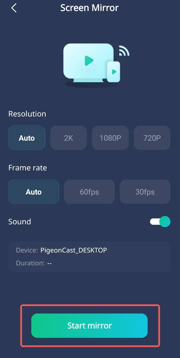 Tap Start Mirror Button on Android Phone