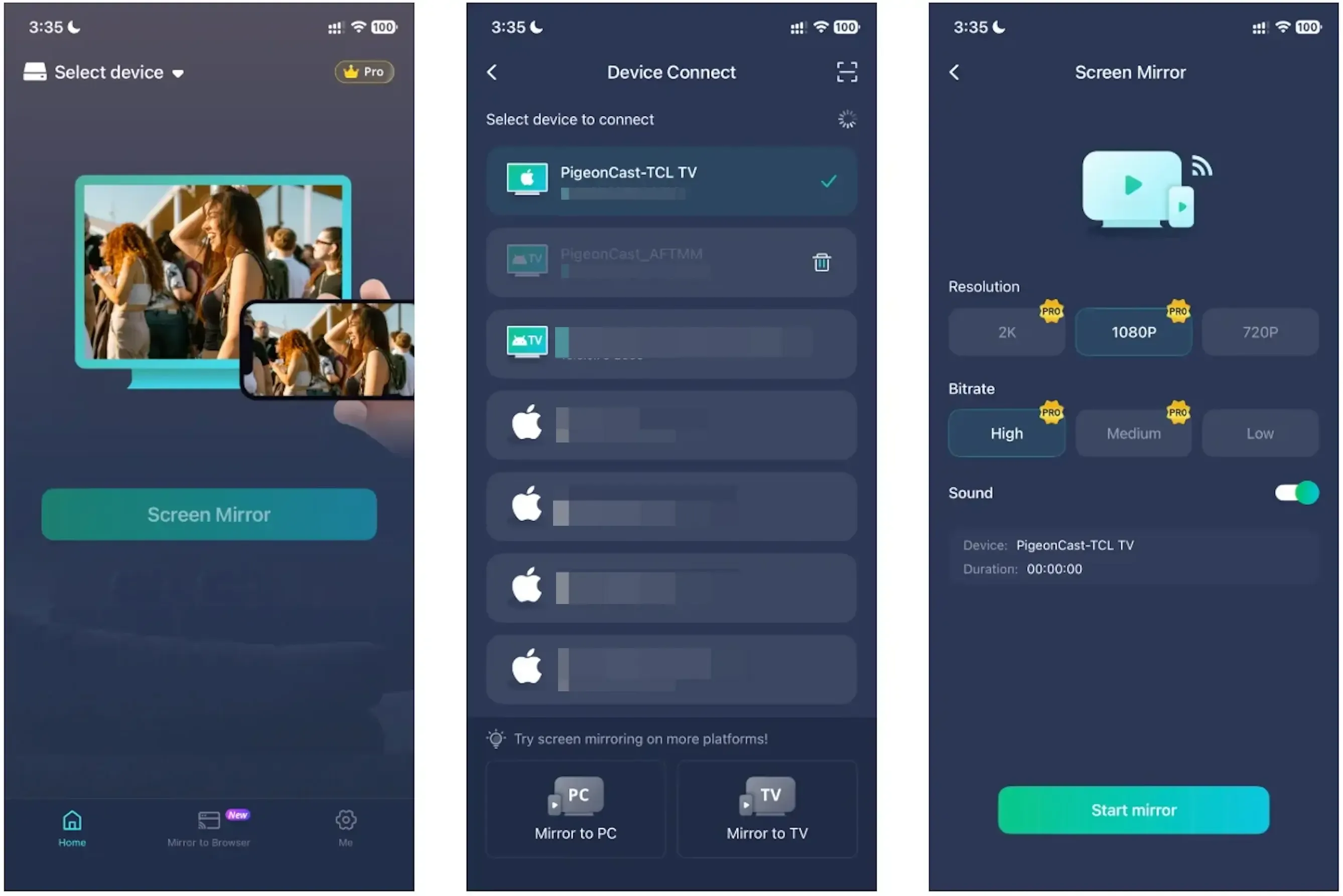 screen mirror iPhone to TCL TV via PigeonCast