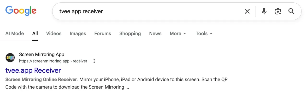 search tvee app receiver on Google Chrome