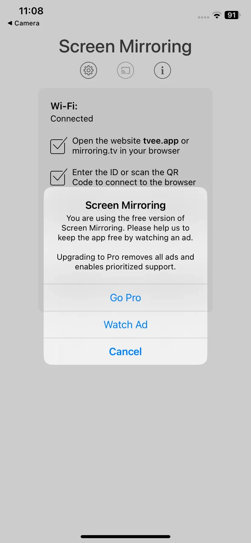 Go Pro or Watch Ad to set up connection