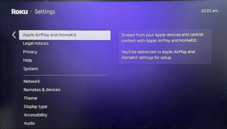 Apple AirPlay and HomeKit Settings on Roku