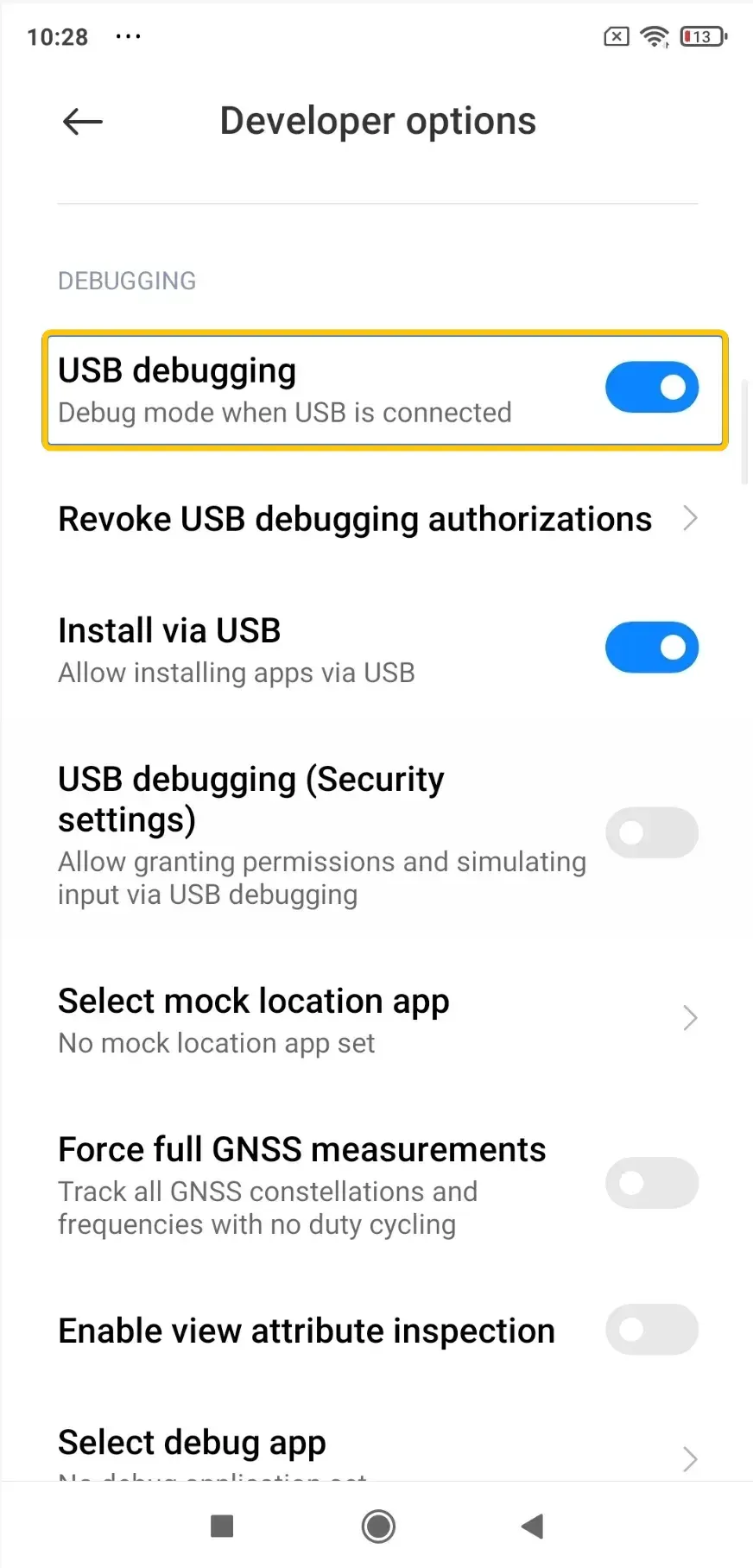 USB debugging in Developer options on Android