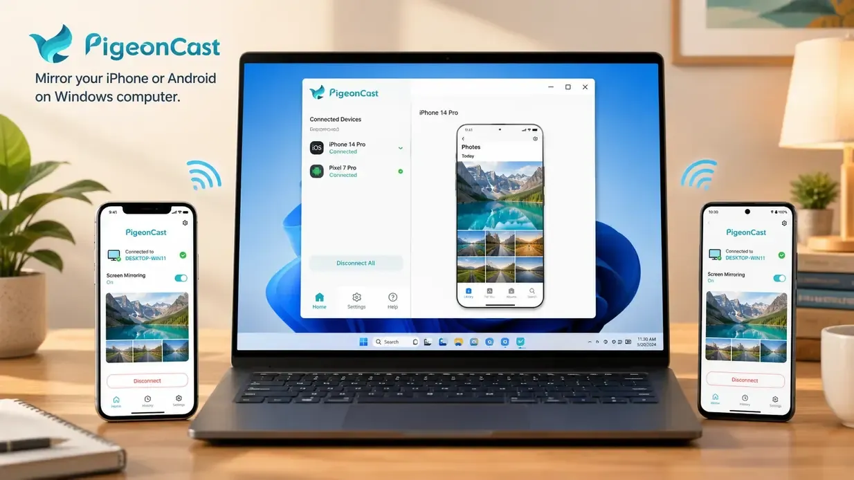 use PigeonCast to mirror your iPhone or Android on Windows computer