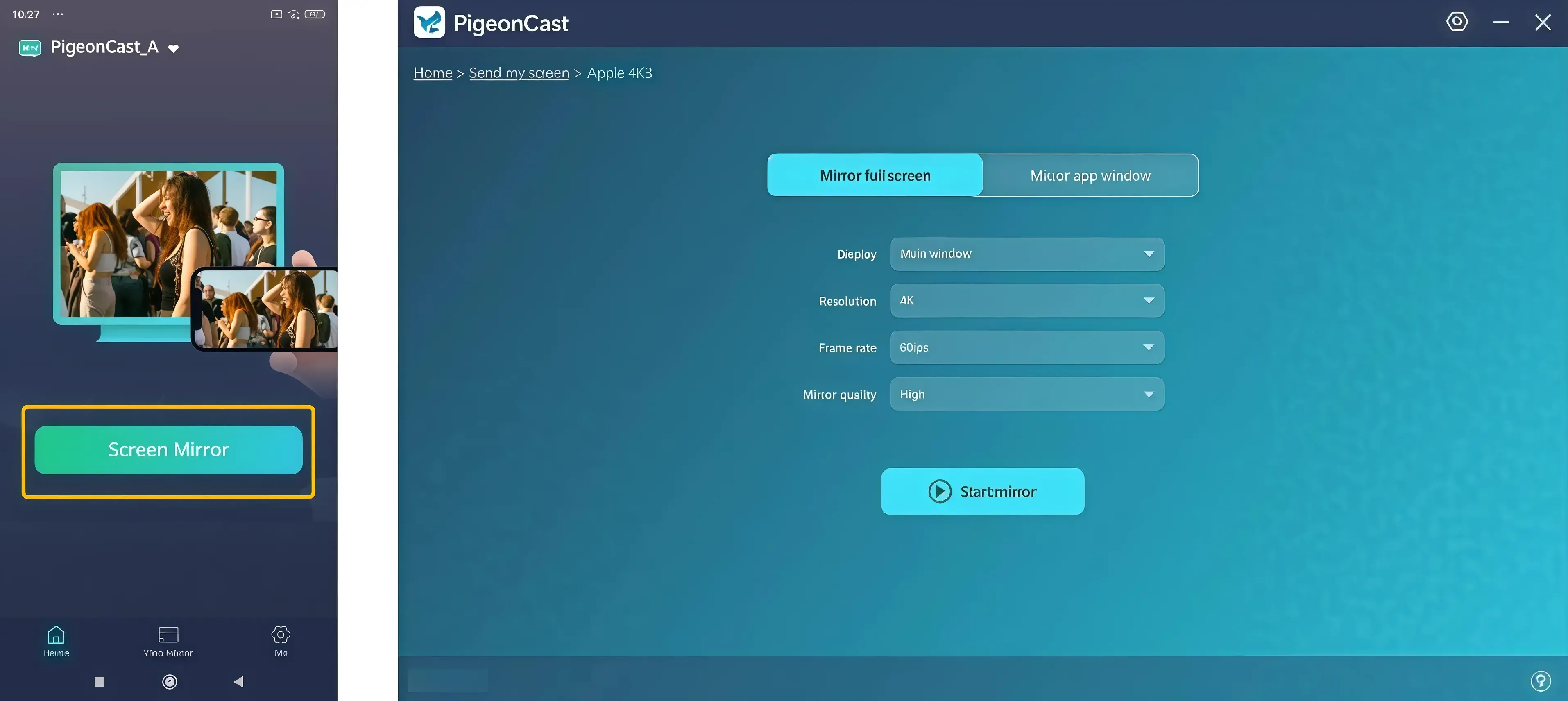 Screen Mirror or Start mirror on PigeonCast