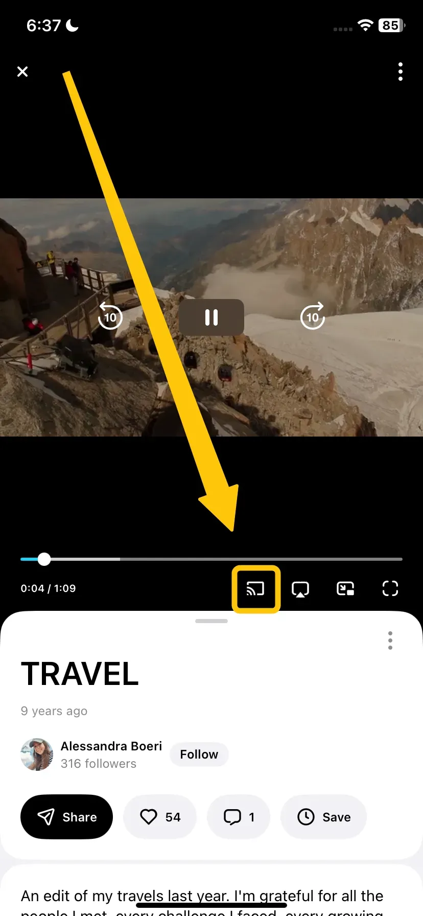 Cast icon in Vimeo on iPhone
