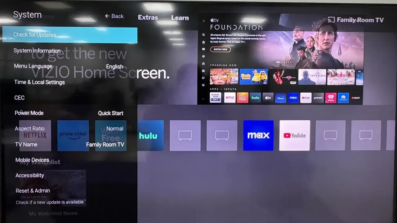 Check for Updates option on Vizio TV