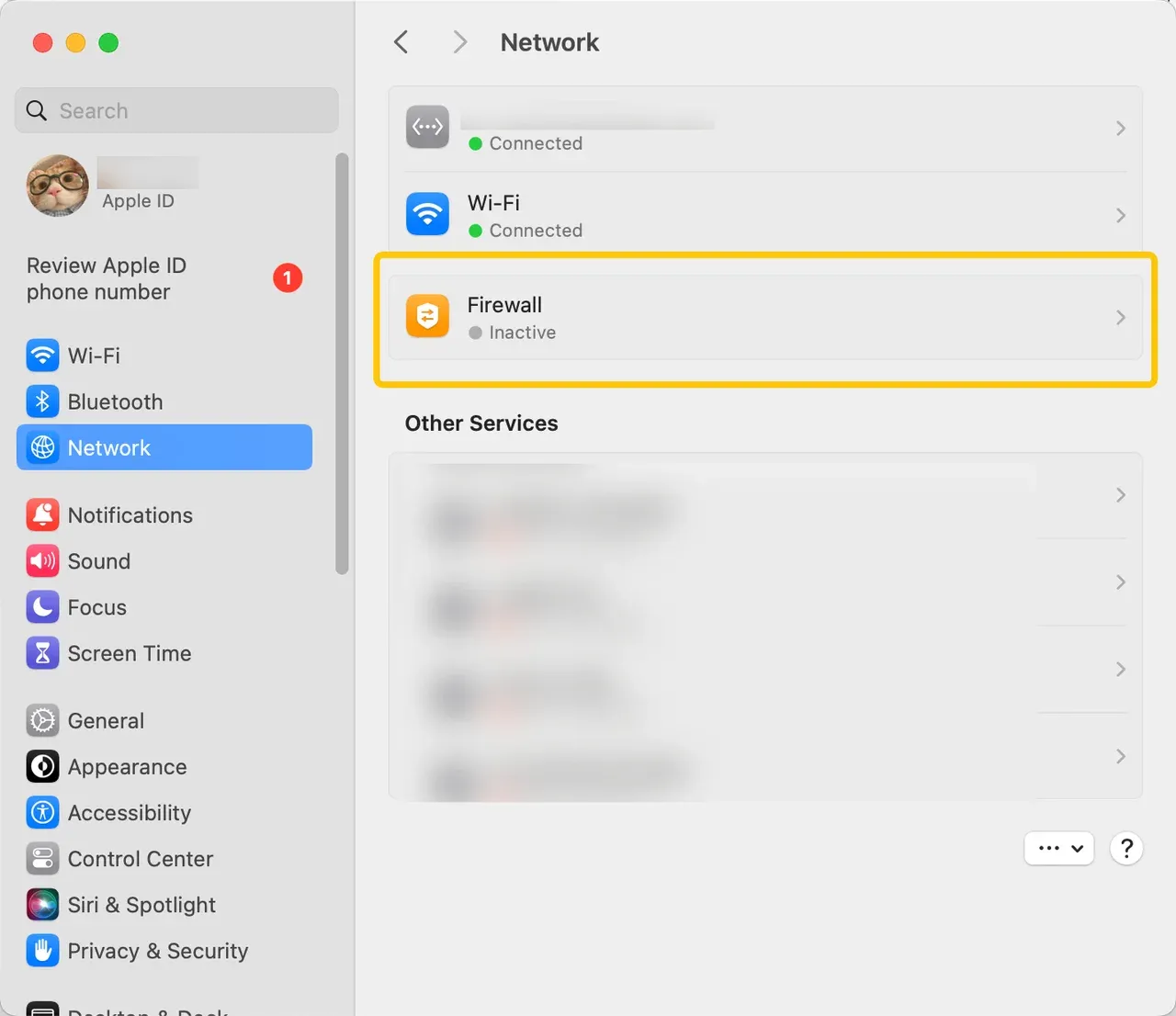 Firewall option in the Network section