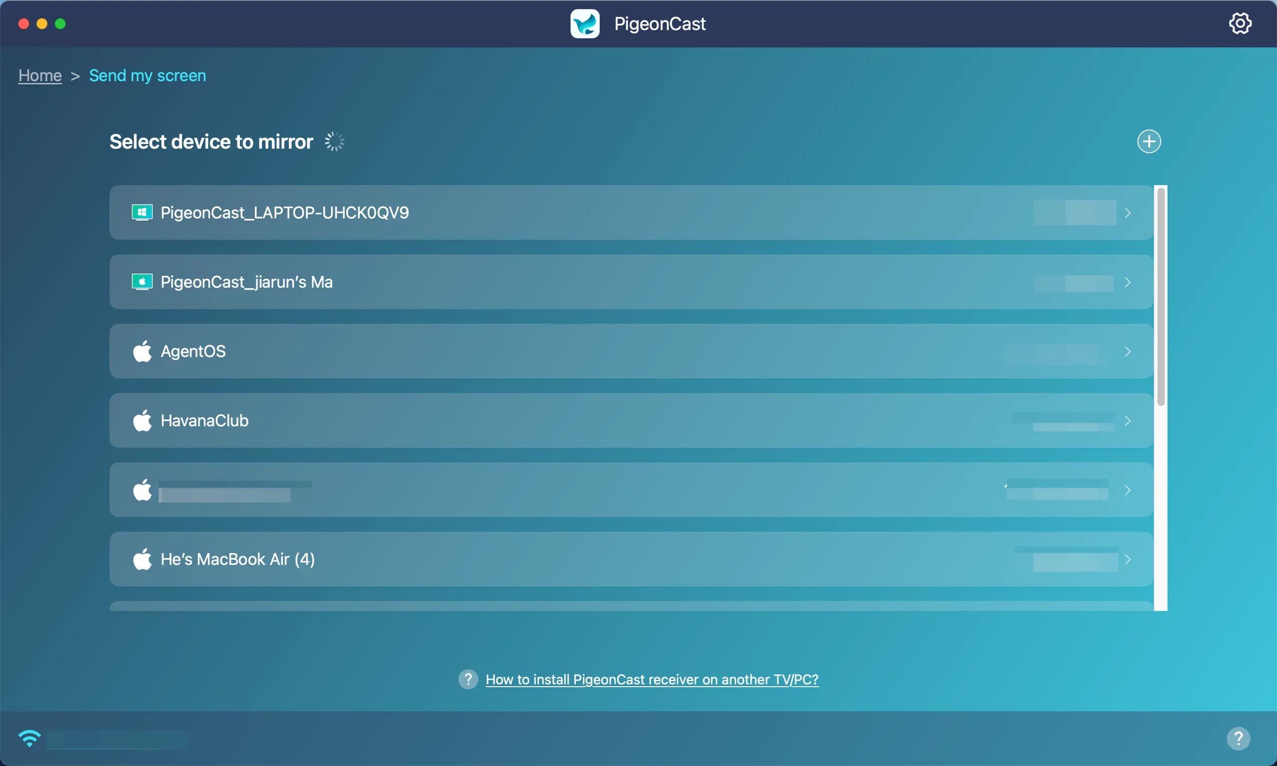 device list in PigeonCast app