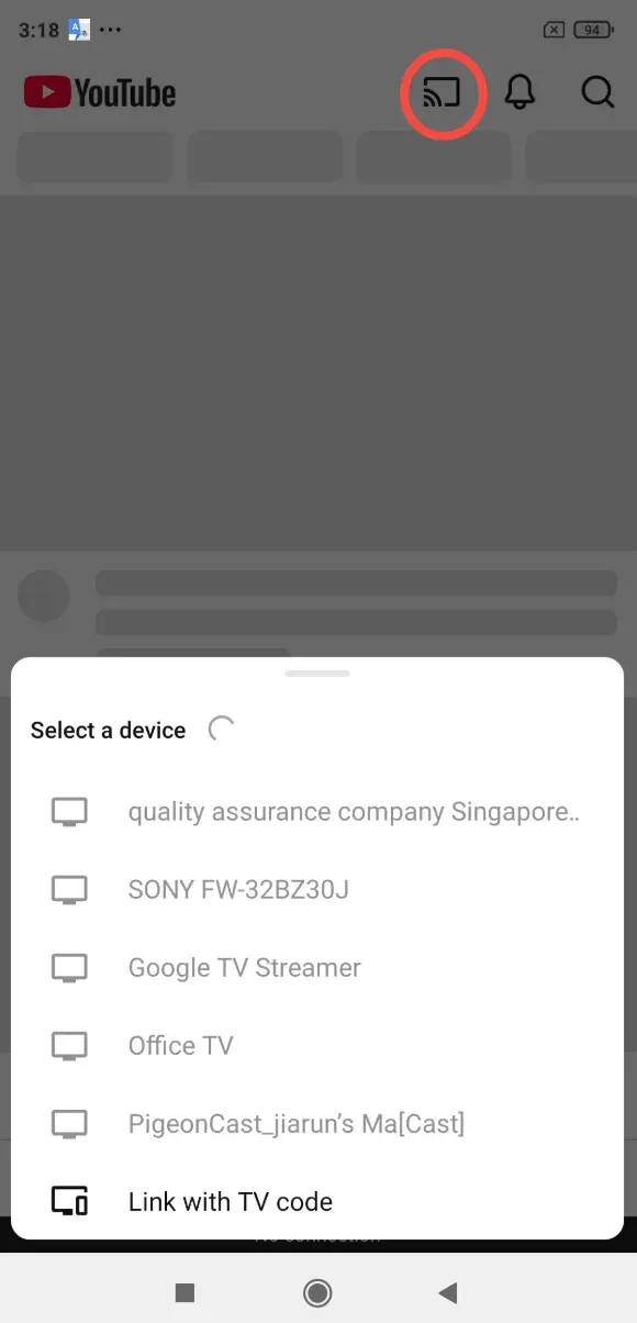 tap the Cast button in YouTube on Android phone
