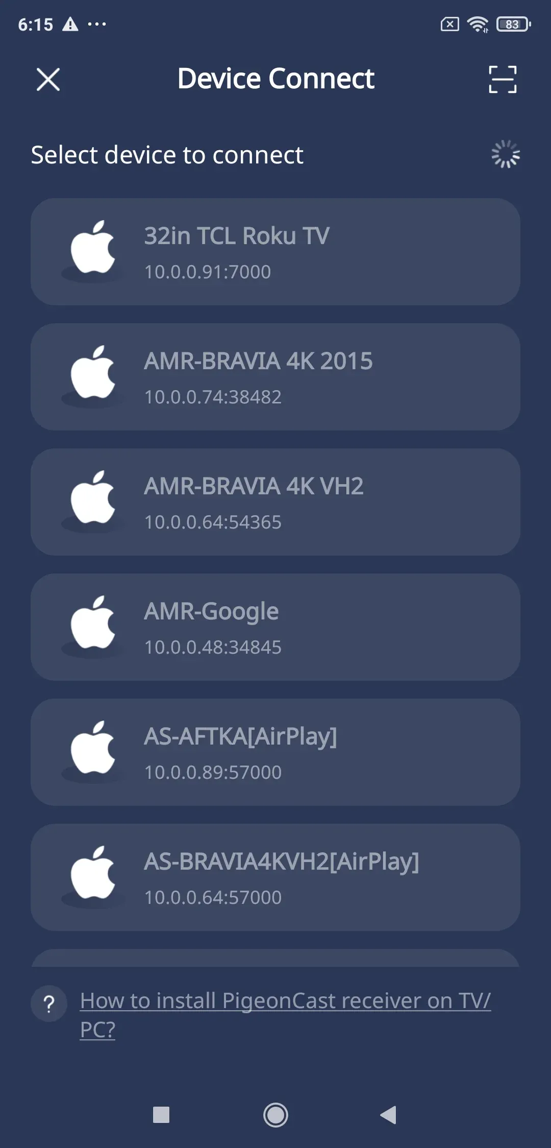 PigeonCast on Android detects many devices