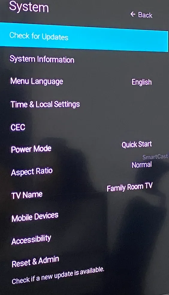 update Vizio TV firmware through Settings