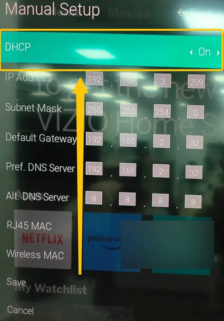 DHCP option on Vizio TV