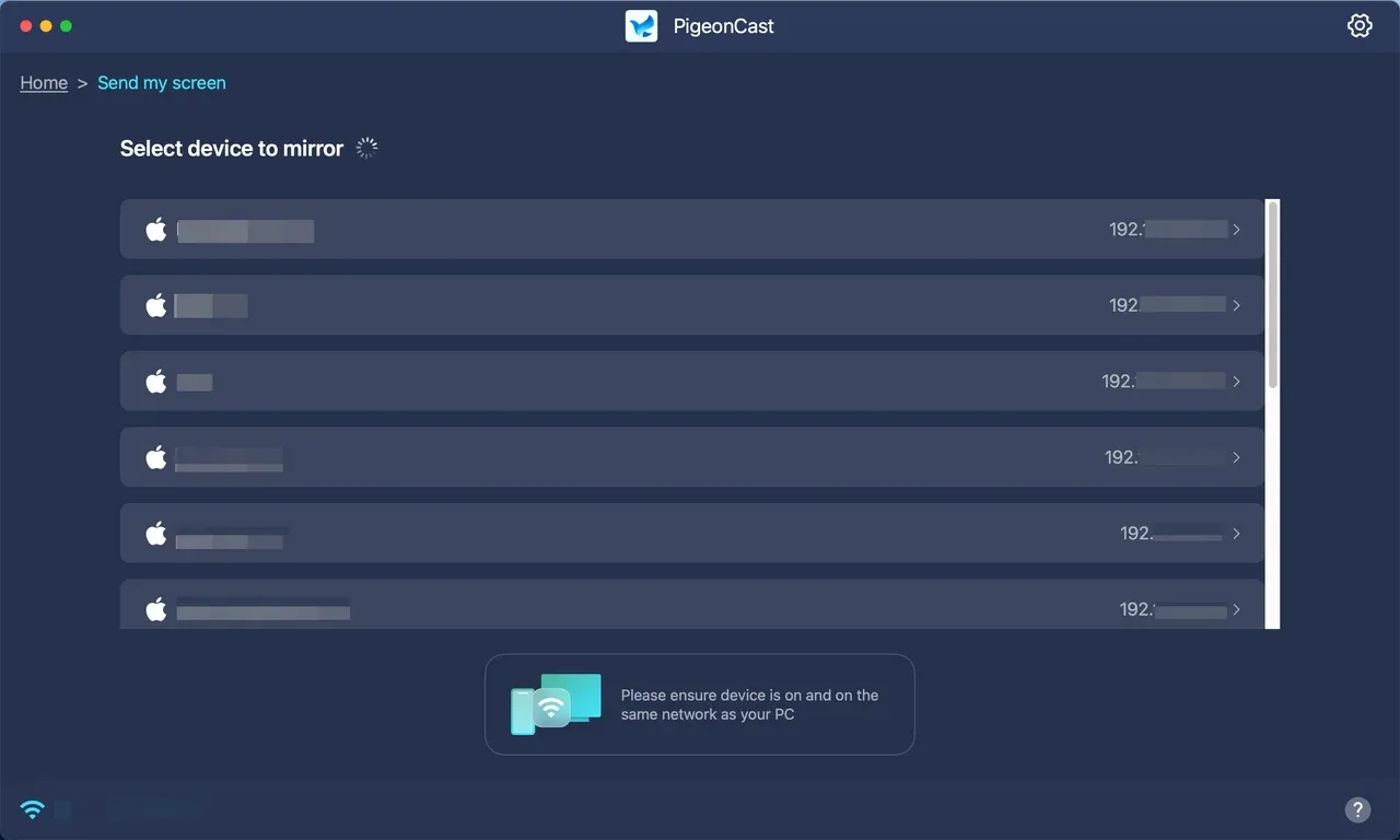 PigeonCast's device list on Mac