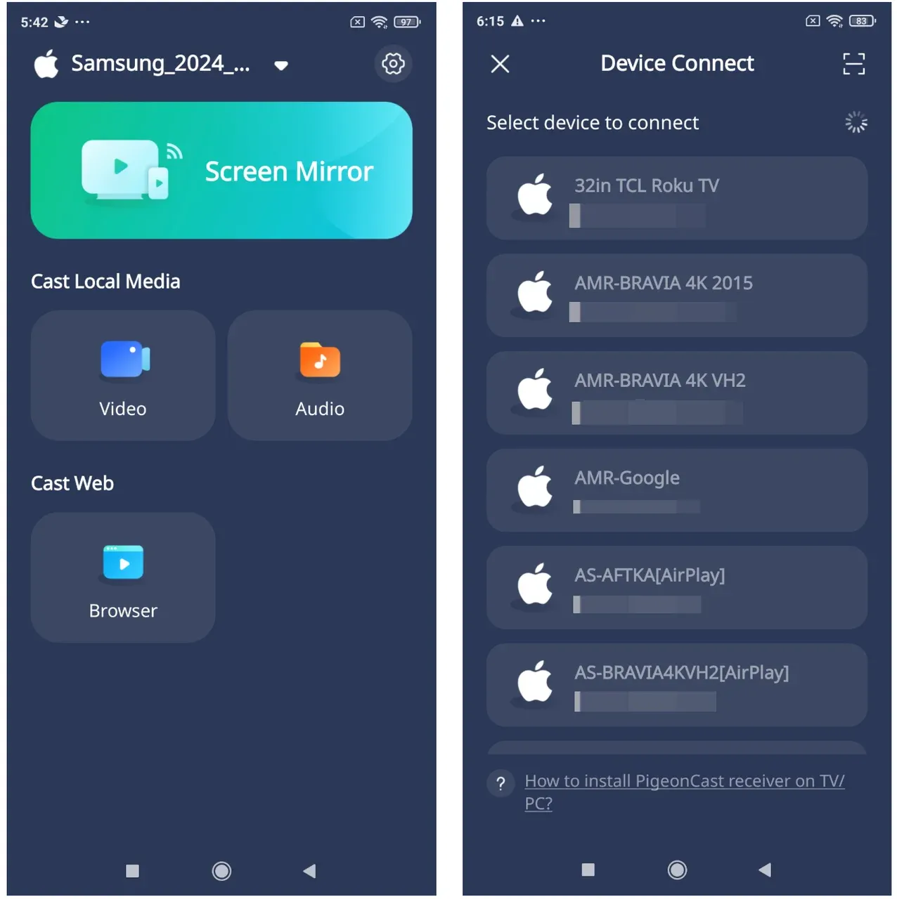 how to use PigeonCast for screen mirroring