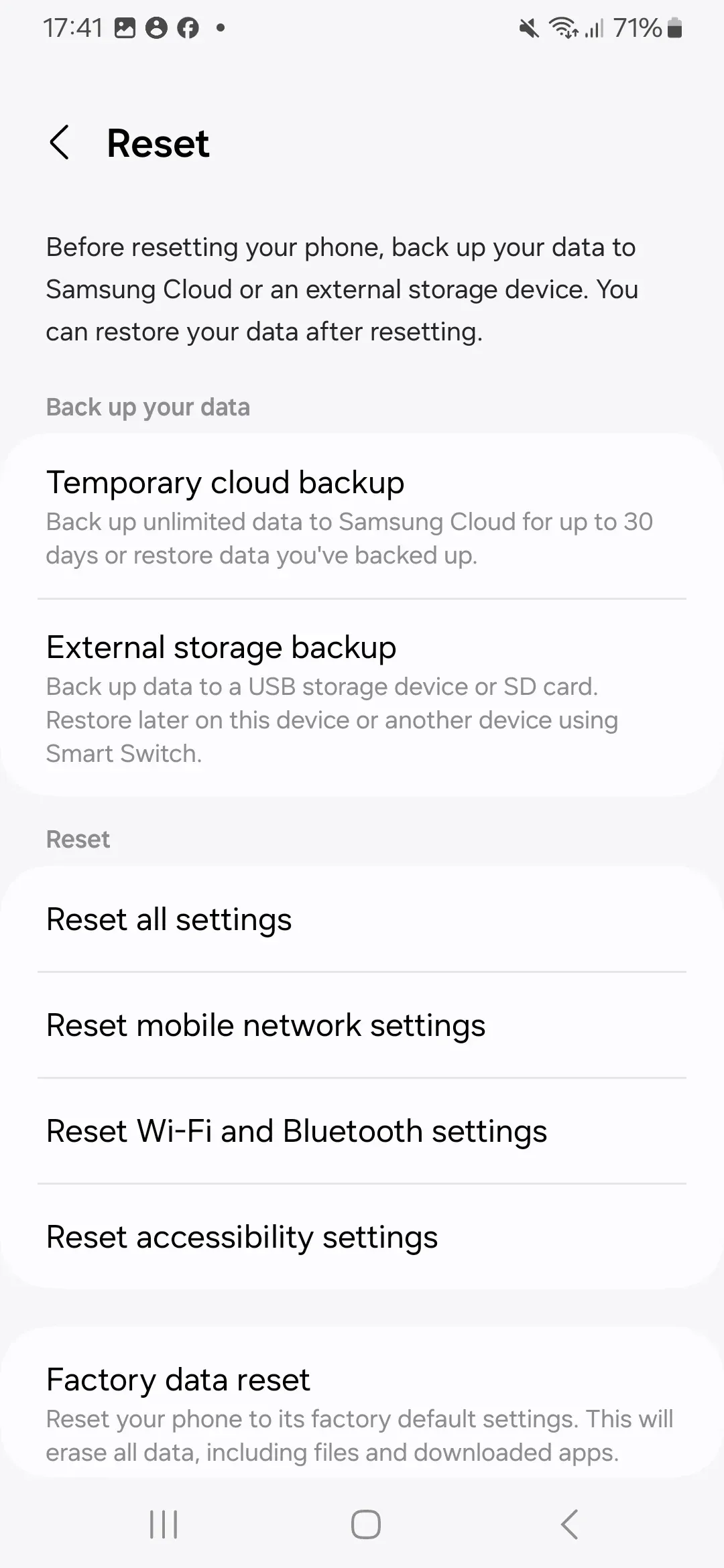 go to Reset menu on Samsung phone