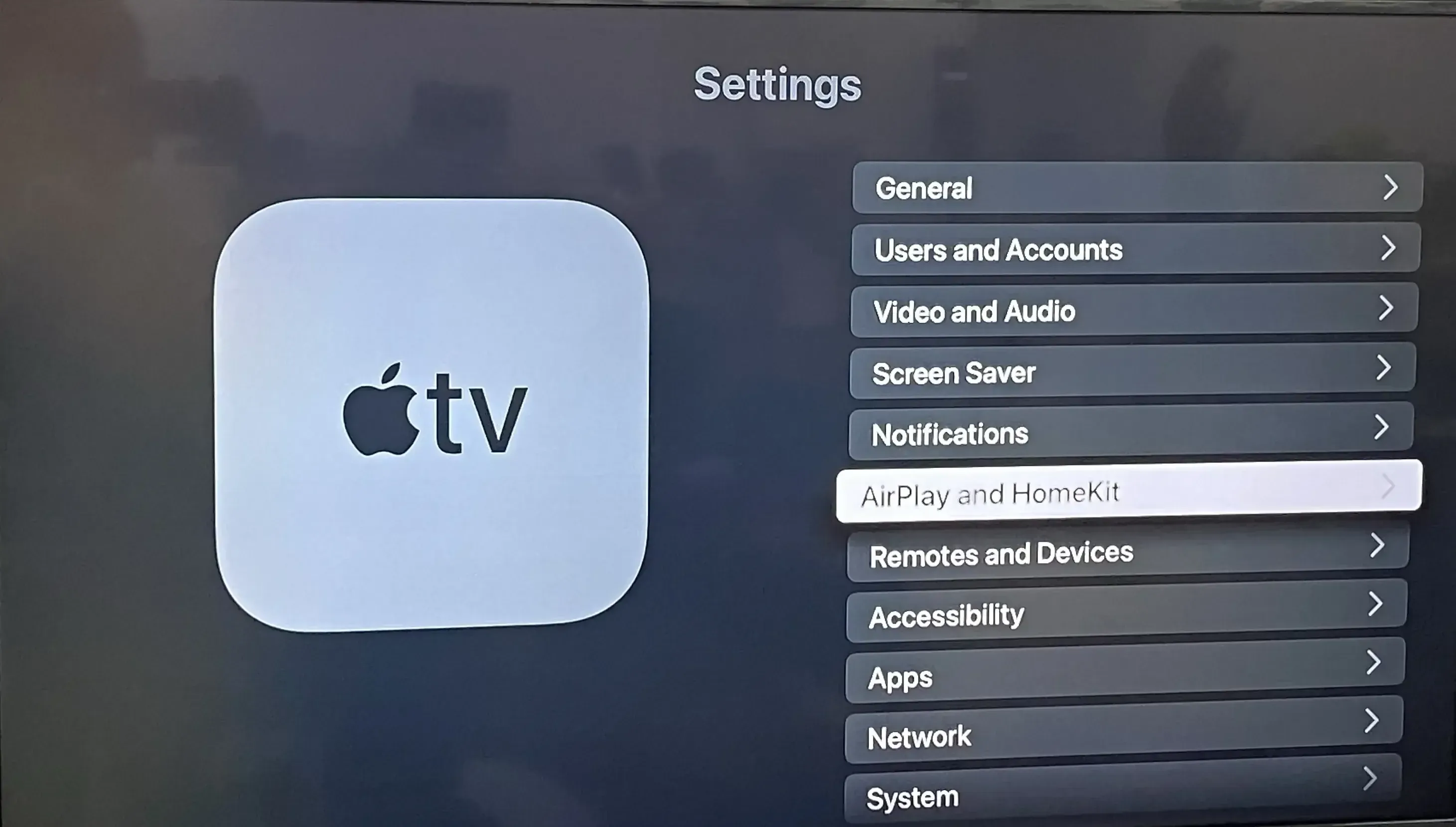 AirPlay and HomeKit settings on TV