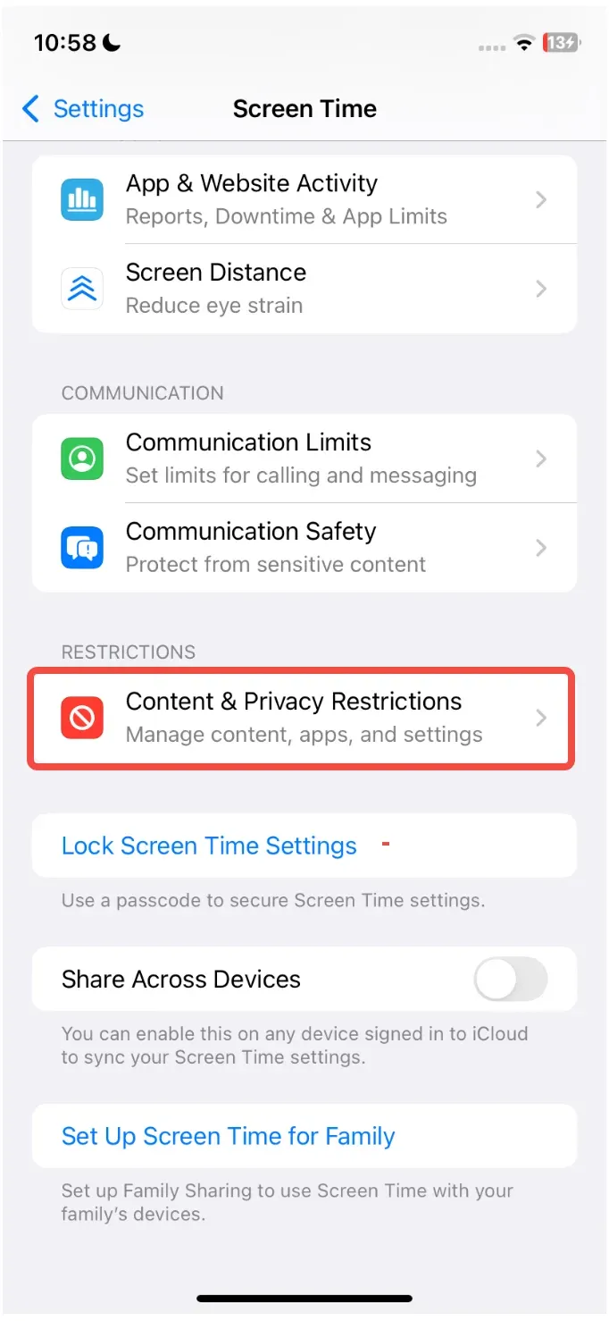 locate Content & Privacy Restrictions on iPhone