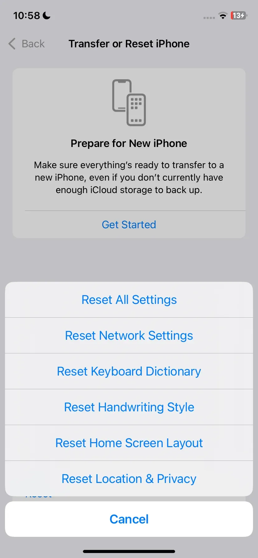 open the Reset menu on iPhone