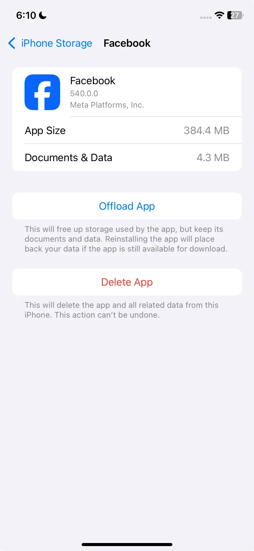 Offload App or Delete App option