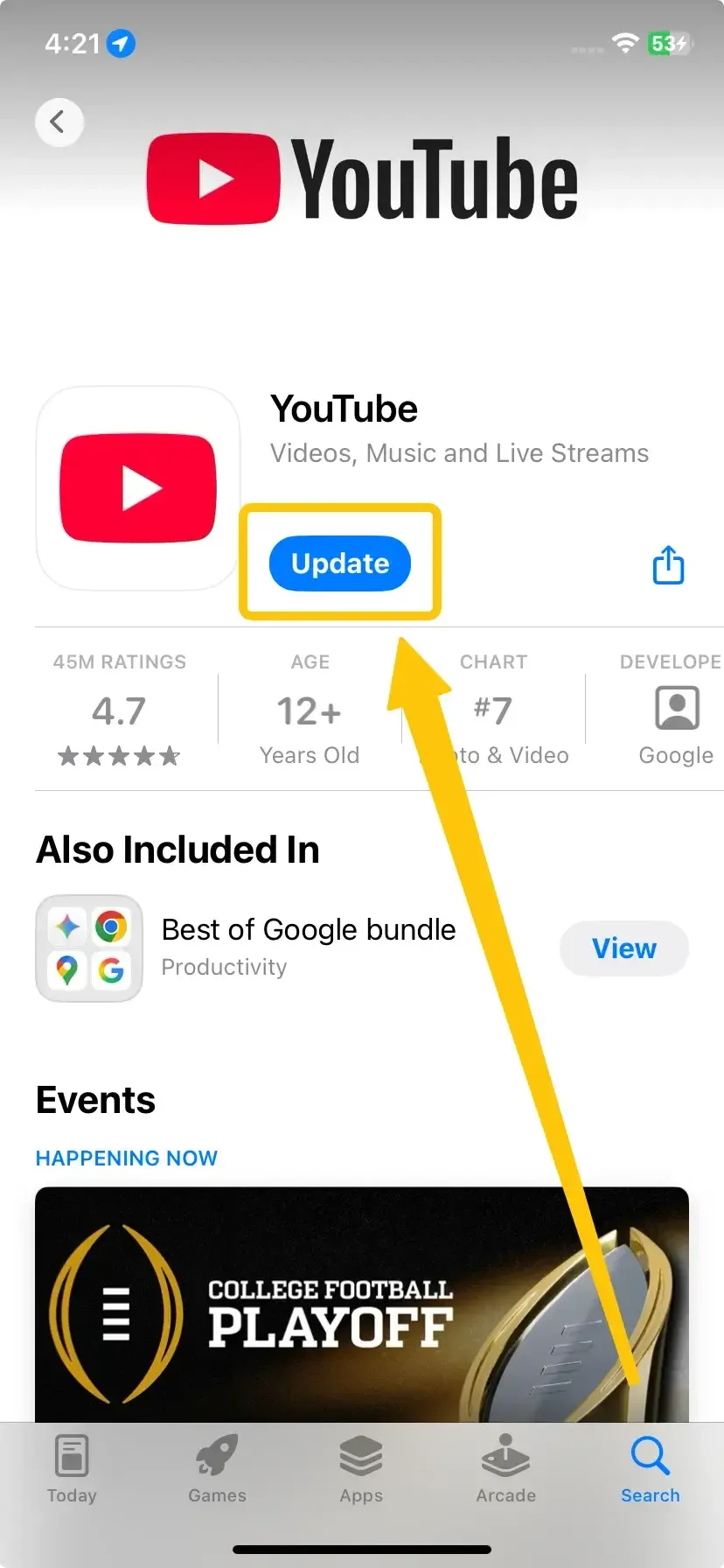 Opción de actualizar YouTube en la tienda de apps