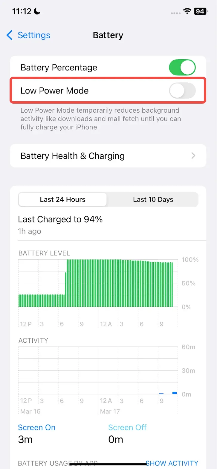 disable Low Power Mode on iPhone