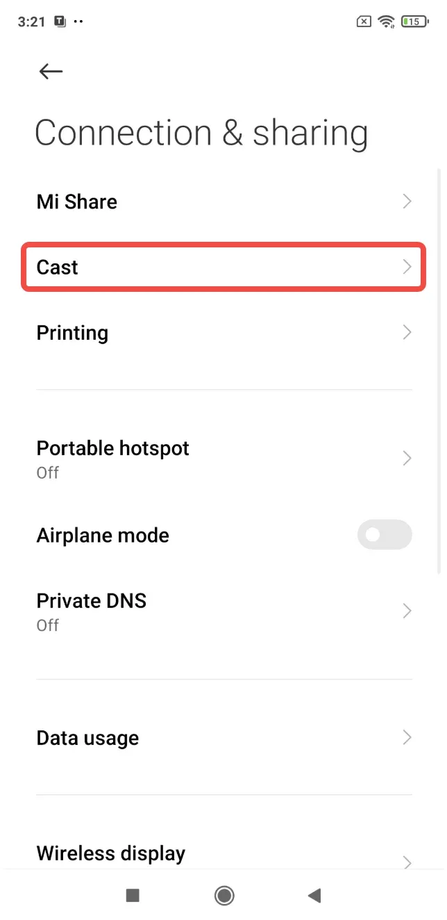 find Xiaomi's Cast option in Settings